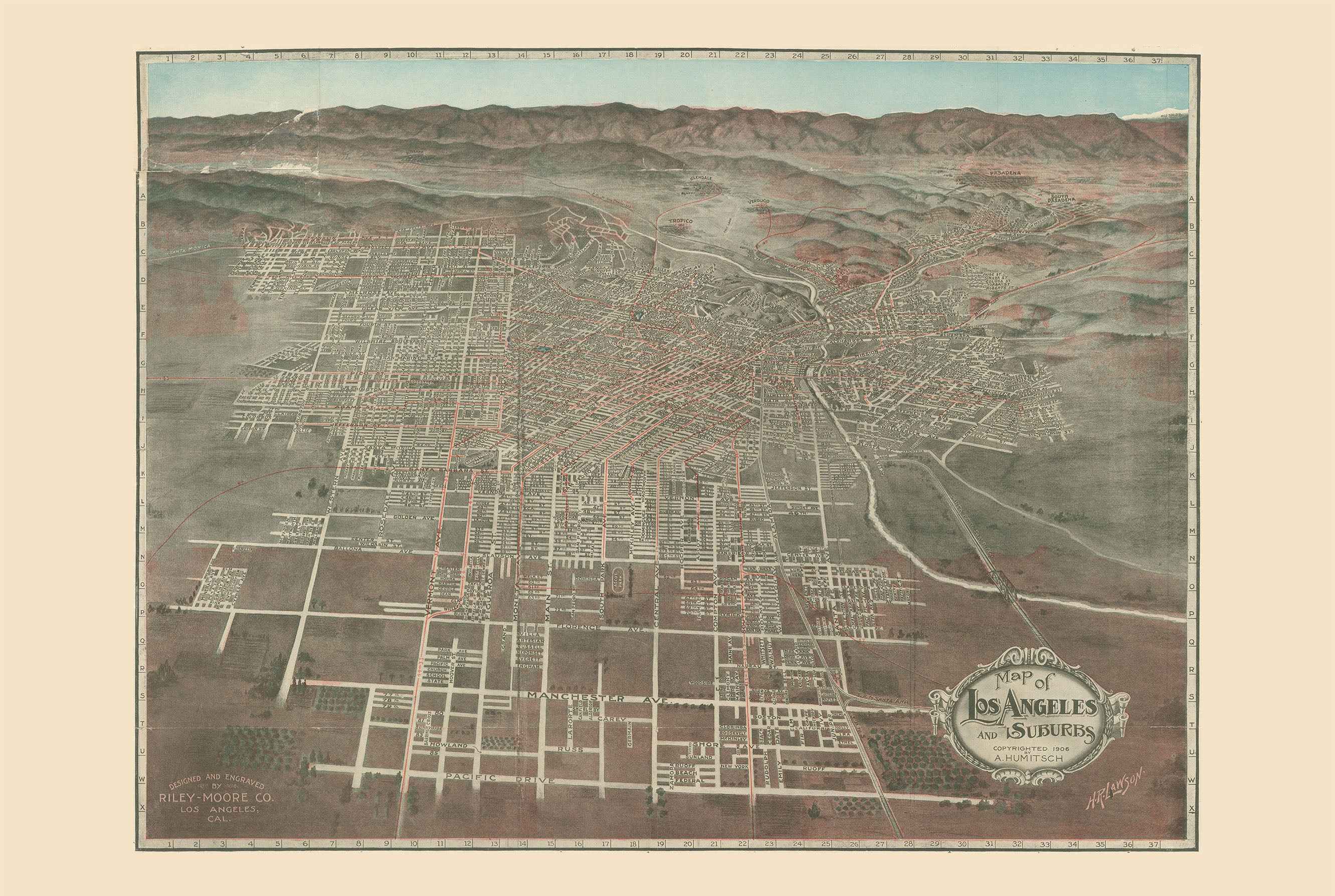 1906 Los Angeles Map Poster - Panoramic City Plan with Streets and Rail Lines - Strategy Maps